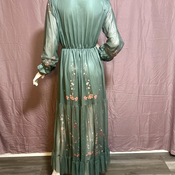 Green Floral Chiffon Maxi Dress  Boho Prairie Long Sleeve Elastic Waist Size: M - Picture 8 of 13
